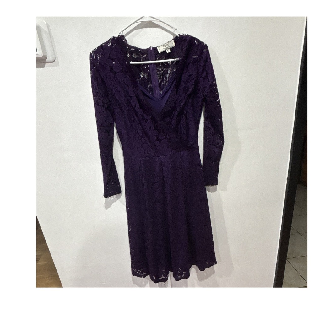 Miss May S Purple Floral Lace V-Neck Long Sleeve Fit & Flare Knee Dress